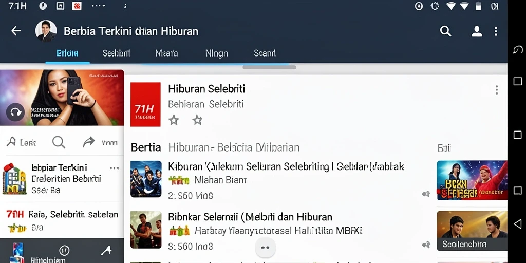 Antarmuka aplikasi 71H menampilkan berita hiburan terkini.