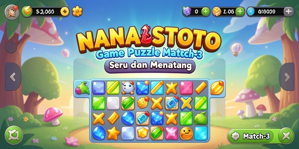 Antarmuka menarik dari game Puzzle Match-3 NANASTOTO yang penuh warna.